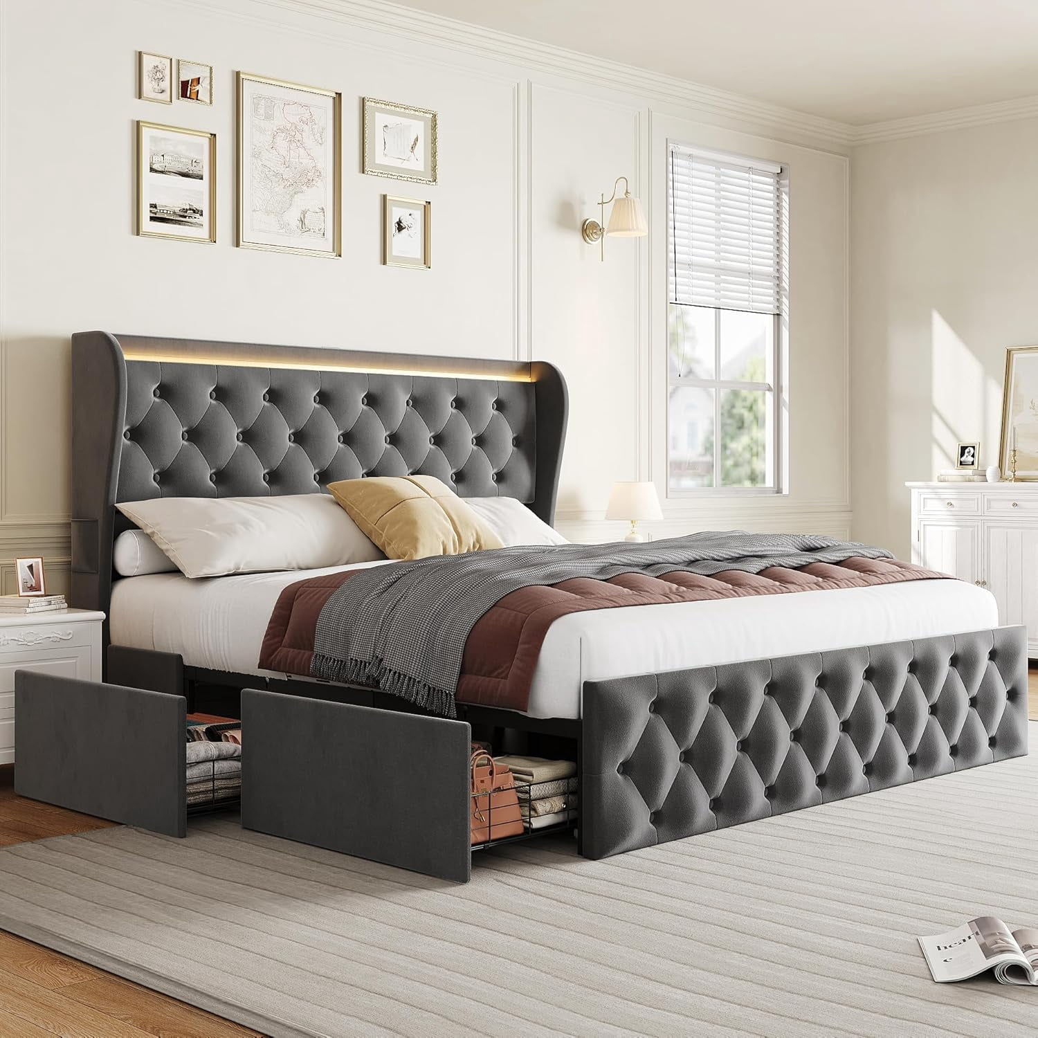 Garvee Queen Size Platform Bed Frame with 4 Storage Drawers, Velvet ...