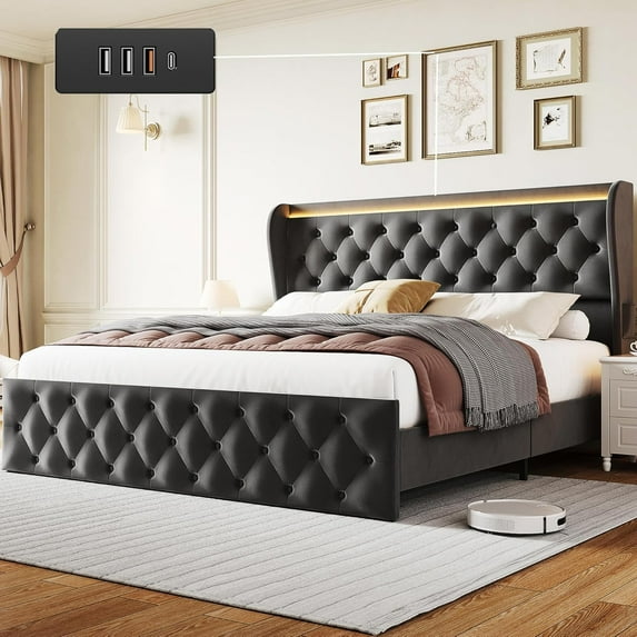 Garvee Queen Size Velvet Upholstered Platform Bed Frame with Wingback Headboard, LED Lights & Charging Station, Button Tufted, No Box Spring Needed, Grey