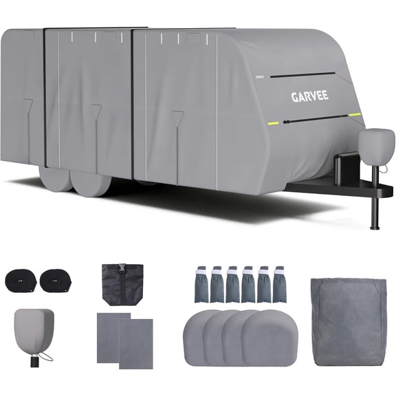 Garvee RV Cover, Camper Trailer Cover, Anti-UV and Waterproof with Windproof Straps, Tire Covers, Gutter & Tongue Jack Covers, Adhesive Repair Patches for Motorhome，24-27FT