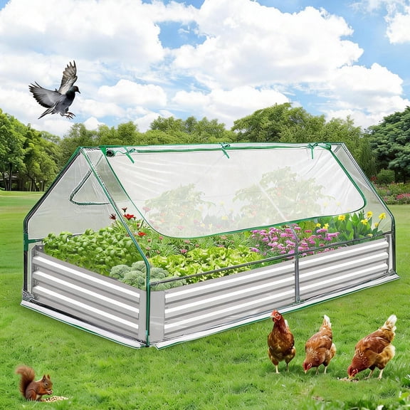 Garvee Raised Garden Bed with Cover, 6x3x1 Ft Outdoor Galvanized Metal Planter Box with 2 Screen Windows, Mini Greenhouse for Vegetables and Flowers, Clear Top Cover