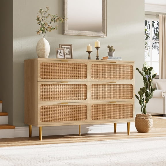 Garvee Rattan 6-Drawer Dresser for Bedroom, Large Double Dresser with Deep Drawers, Wooden Chest for Closet with Wide Top, Ideal for Living Room, Hallway, Kids Room, Natural