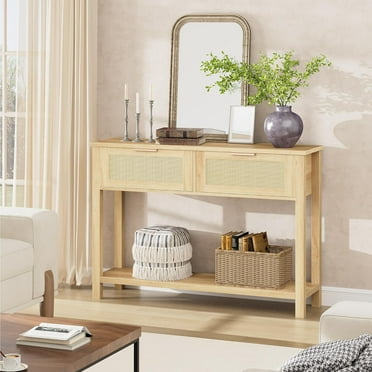 Garvee Rattan Entryway Table with Drawers, Boho Console Table for Entryway, Wooden Sofa Table with Storage, 2 Tier Console Table for Living Rooms, Hallway, Natural