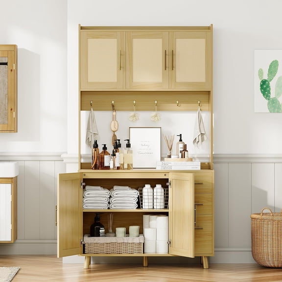 Garvee Rattan Pantry Cabinet 71in Kitchen Pantry with Microwave Stand Freestanding Hutch with Drawers Doors and Hooks Boho Storage Cabinet for Dining Room Kitchen Living Room Natural