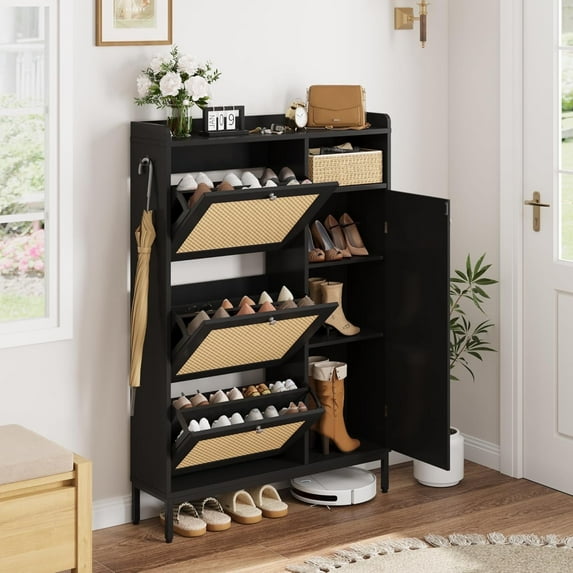 Garvee Rattan Shoe Storage Cabinet with Doors and 3 Flip Drawers, Freestanding Organizer with Adjustable Shelves for Entryway, Narrow Shoe Rack Cabinet for Hallway, Easy Assembly, Black