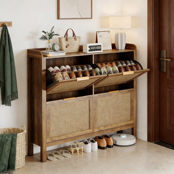 Garvee Rattan Shoe Storage Cabinet for Entryway, Shoe Rack with 4 Flip Drawers, Shoe Organizer with Adjustable Shelves for 40 Pairs, Brown