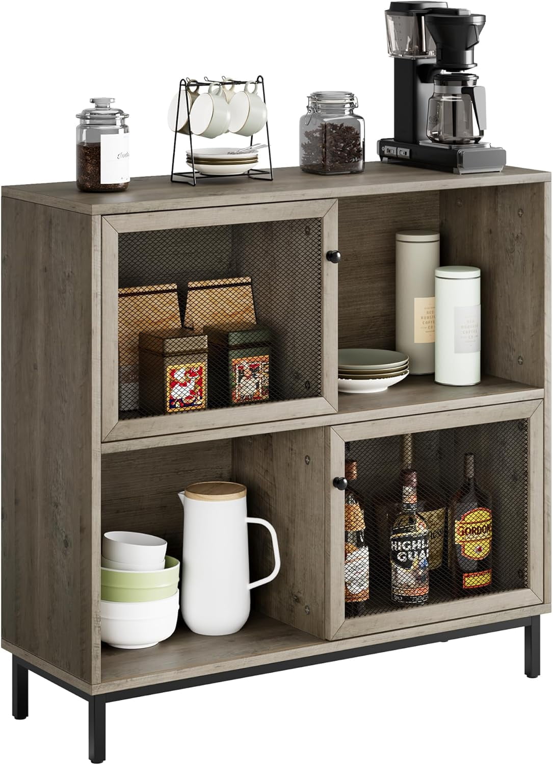 Gray MDF and Metal Farmhouse Sideboard Cabinet with Sliding Doors