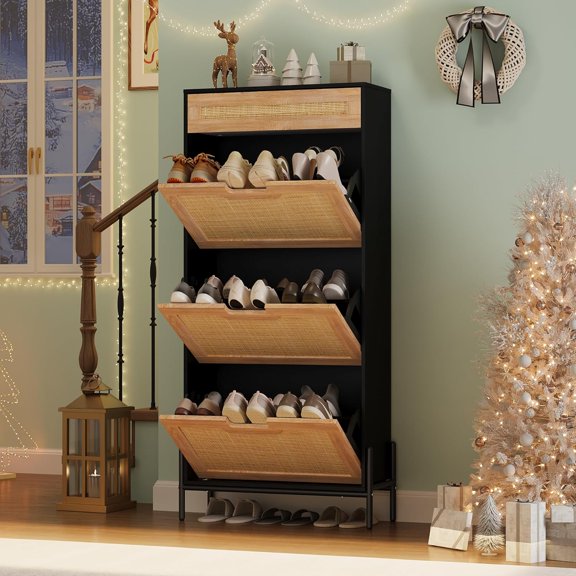 Garvee Rattan Storage Cabinet with 3 Flip Drawers, Freestanding Entryway Shoe Storage, Narrow Shoe Cabinet with Metal Legs for Entrance, Black & Oak