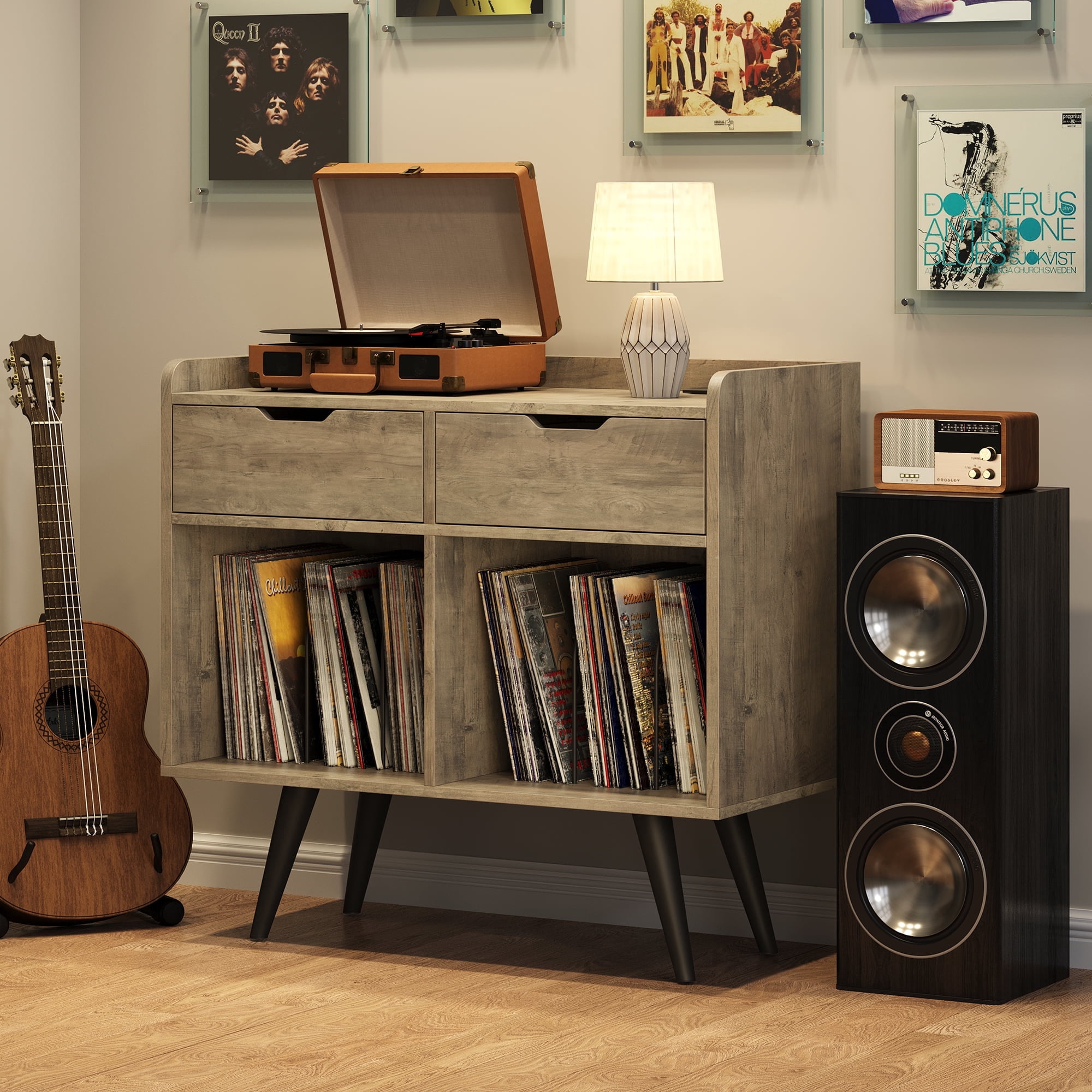 Garvee Record Player Table Stand with Storage Drawers, Vinyl Record Table Cabinet with Power Outlet Turntable Stand for Album Storage in Living Room