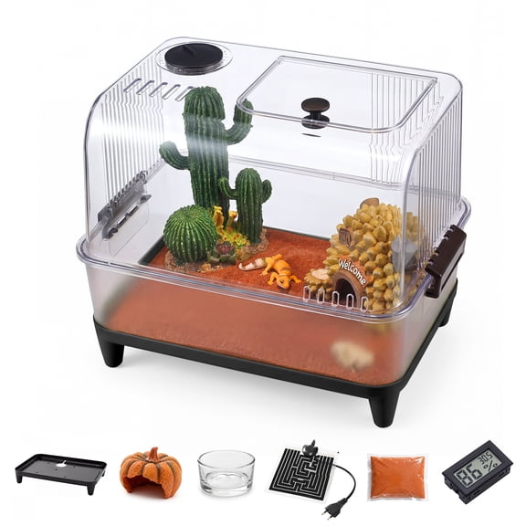 Garvee Reptile Tank Starter Kit, Reptile Terrarium Kit, Acrylic Small Reptile Habitat with Lid, Heating Pad, Hygrometer, Bowl,Hide, Sand for Reptiles,Tarantula,Lizards,Frogs,Geckos,or Hermit Crabs