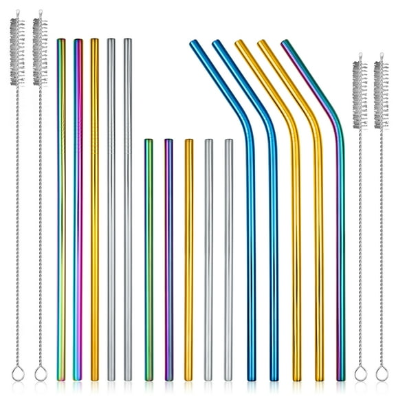 Garvee Reusable Drinking Straws Set, Stainless Steel, 10 Straight and 5 Bent, 4 Cleaning Brushes