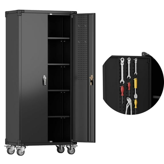 Garvee Rolling Cabinet Storage, 71.7" Locking Metal Cabinet with Adjustable Shelves and Door Pegboard for Garage, Workshop, Home Office, Black