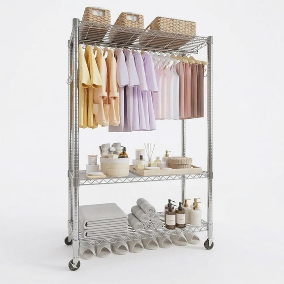 Garvee Rolling Clothes Rack, Adjustable Garment Rack, Wheels and Hooks, 45.2 x 15.8 x 75.7", Silver