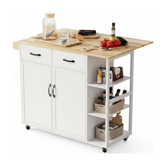 Garvee Rolling Kitchen Island Cart 43.12 x 24 x 36", with Drop Leaf, 4 Wheels with Storage, White