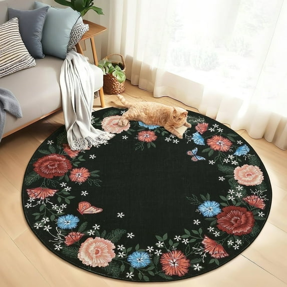 Garvee Round Floral Area Rugs, 4'x4' Washable Boho Rugs Ultra Soft Print Carpet, Non-Slip Low Pile Rug Stain Resistant Distressed Indoor Rugs for for Office Living Room Dining Room, Black