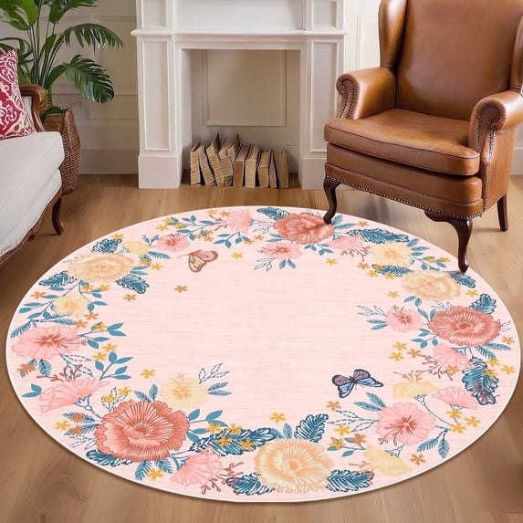 Garvee Round Floral Area Rugs, 4'x4' Washable Boho Rugs Ultra Soft Print Carpet, Non-Slip Low Pile Rug Stain Resistant Distressed Indoor Rugs for for Office Living Room Dining Room, Pink