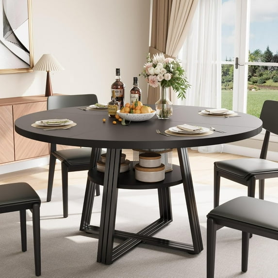 Garvee Round Dining Table for 4-6, 42" Farmhouse Kitchen Table with Storage, Circle Dinner Tables for Kitchen, Dining Room, Living Room, Meeting Room, Apartment (Black)