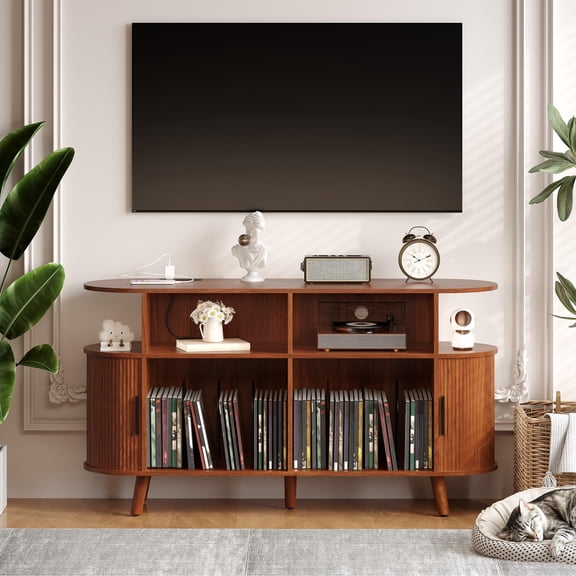 Garvee Round Mid-Century Record Player Stand with Charging Station & Vinyl Storage - Rustic Media Console with Open Shelves for Living Room