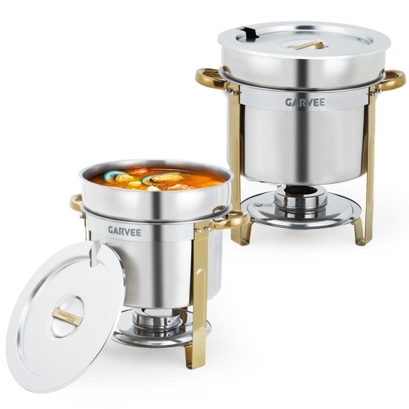 Garvee Round Soup Chafer, 7QT Stainless Steel Soup Warmer with Pot, Notched Lids & Fuel Holders, Commercial Food Warmer for Buffets, Parties Wedding Banquets Catering - Gold 2 Pack