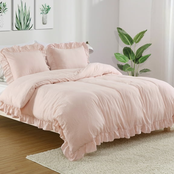 Garvee Ruffled Duvet Cover, Soft Washed Microfiber Vintage French Country, Pink 90"x90"
