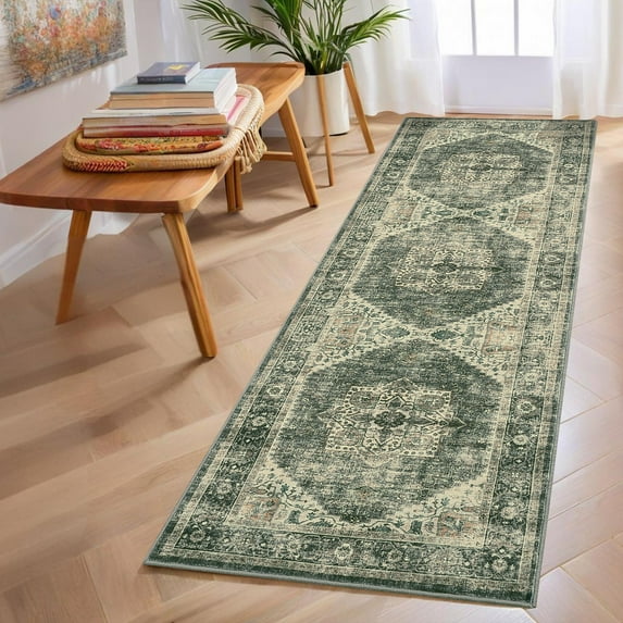 Garvee Runner Rug 2'x6' Washable Vintage Runners Rug Distressed Rug Non-Slip Floral Print Rug for Hallway Kitchen, Brown Green