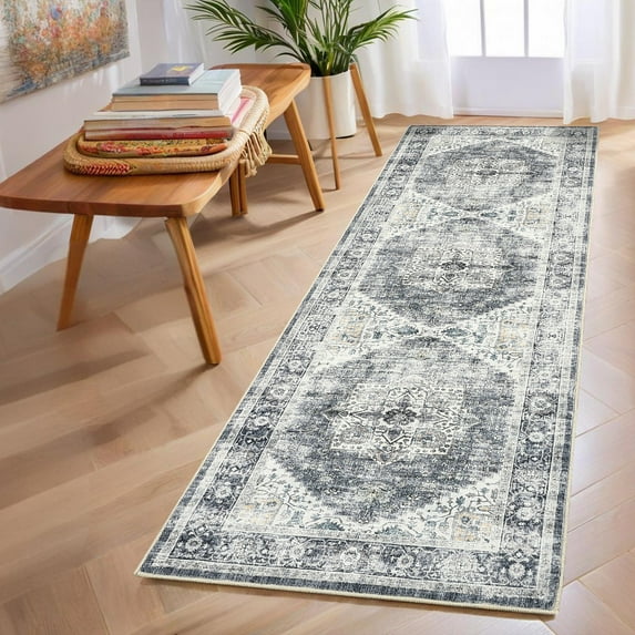 Garvee Runner Rug 2'x6' Washable Vintage Runners Rug Distressed Rug Non-Slip Floral Print Rug for Hallway Kitchen, Gray