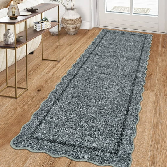 Garvee Scalloped Runner Rugs Modern Bordered Rug, 2x8 Washable Rugs Non-Slip Non-Shedding Rugs Low Pile Indoor Carpet for Hallway Bedroom Entryway Laundry Room, Gray