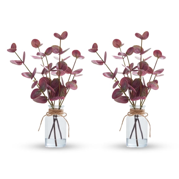 Garvee Set of 2 Artificial Eucalyptus Stems in Glass Vase – Real Double-Sided Magentaa Leavess, Faux Water Decoration – Elegant Faux Greeneryy for Home Decor, Table Decor, Bathroom, Office – Purple