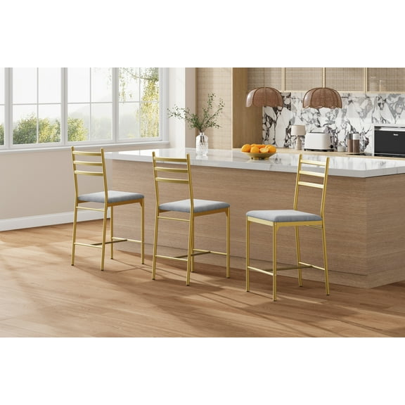 Garvee Set of 2 Faux Leather Bar Stools with Backrest, 4" Thick Cushion, Upholstered Counter Height Bar Chairs with Footrest, Modern Bar Stools for Kitchen Island & Home Bar, Gold