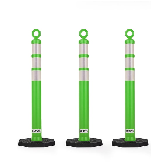 Garvee Set of 3 Traffic Delineator Posts, 47 Inch Safety Safety Cones with Fillable Base and Reflective Strips, Green