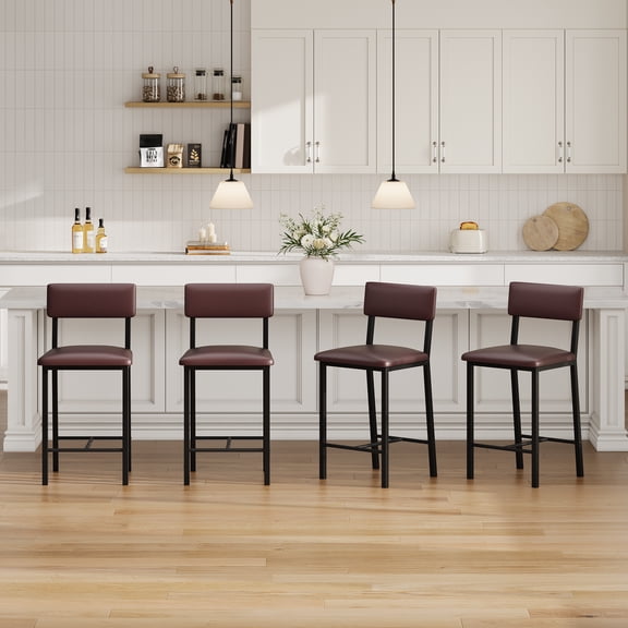 Garvee Set of 4 Counter Height Bar Stools, 400 LBS Heavy-Duty PU Leather Upholstered Chairs with Backrest for Kitchen Island-Brown
