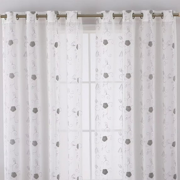 Garvee Sheer Curtains Floral Embroidered Window Curtain Grommet Voile Curtains for Living Room, Grey, 52"X84", Set of 2 Panels