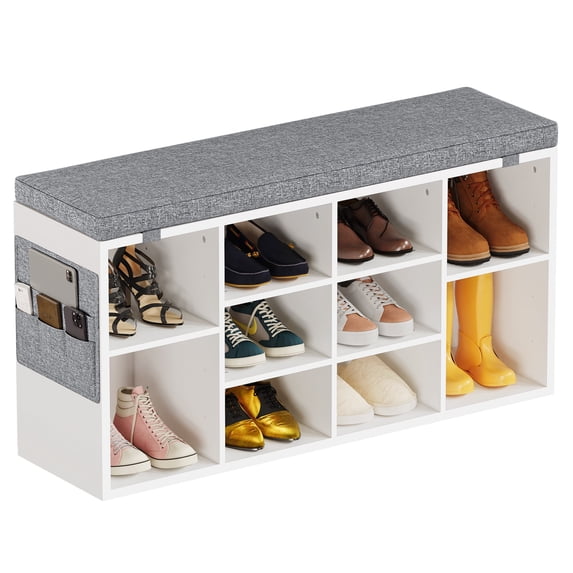 Garvee Shoe Storage Bench, Small Shoe Entryway Bench with Seating Cushion and Adjustable Shelves, Freestanding Shoe Rack Organizer for Entryway Hallway Living Room Bedroom (White, 41 Inches)