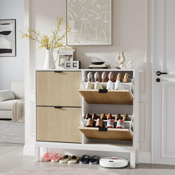 Garvee Shoe Storage Cabinet with 4 Flip Drawers, Farmhouse Fluted Shoe Organizer with Metal Legs, Freestanding Slim Narrow Shoe Rack for Entryway, Hallway