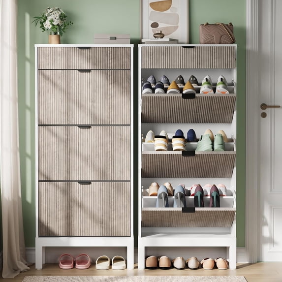Garvee Shoe Storage Cabinet with 3 Flip Drawers, Farmhouse Fluted Shoe Organizer with Metal Legs, Freestanding Narrow Shoe Rack for Entryway, Hallway