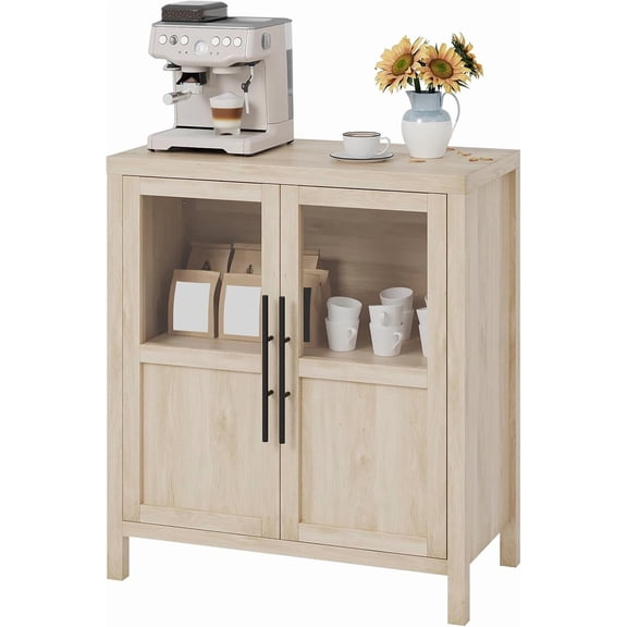 Garvee Sideboard with 2 Glass Doors, 29" Large Buffet Cabinet with Solid Wood Countertop, Coffee Bar Cabinet with 2 Drawers, Modern Farmhouse Storage for Kitchen & Dining Room, Pear Wood