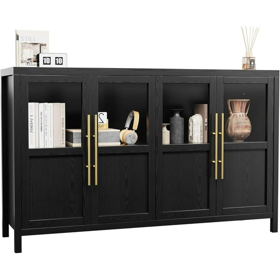 Garvee Sideboard Buffet with 4 Glass Doors Large Buffet with Storage Space Modern Farmhouse Storage Cabinet for Kitchen Dining Room Living Room ,Glass with 4 Doors, Black
