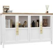 Garvee Sideboard Buffet with 4 Glass Doors Large Buffet with Storage Space Modern Farmhouse Storage Cabinet for Kitchen Dining Room Living Room ,Glass with 4 Doors, White