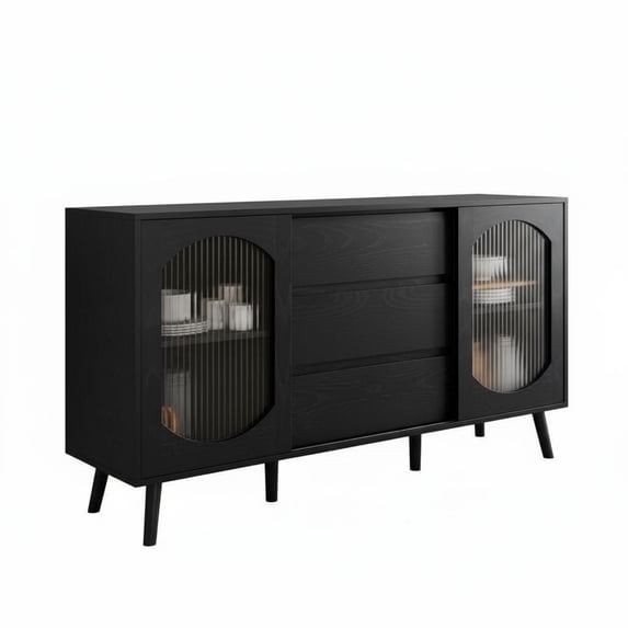 Garvee Sideboard Buffet Cabinet, 2 Fluted Glass Doors & 3 Drawers, 52.7 x 15.3 x 32.3", Black