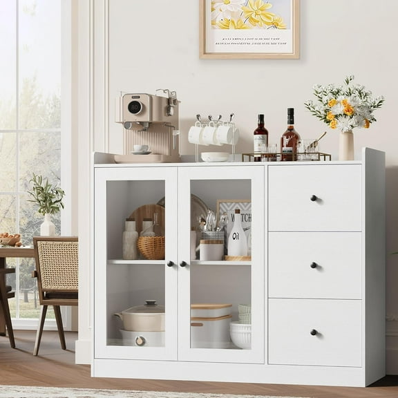 Garvee Sideboard Buffet Cabinet with Storage – 43" Coffee Bar Cabinet with Glass Doors & 3 Drawers, Adjustable Shelves, White Storage Cabinet for Kitchen & Dining Room, White