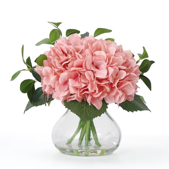 Garvee Silk Hydrangea Artificial Flowers in Glass Vase with Faux Water – Realistic Table Centerpiece – Modern Home Decor for Weddings, Events – Light Brown