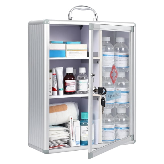 Garvee Silver Lockable Medicine Cabinet with Handle, Wall Mounted Portable First Aid Cabinet with Sticker and Dual Keys, 13.78" W x 16.53" H x 5.51" D