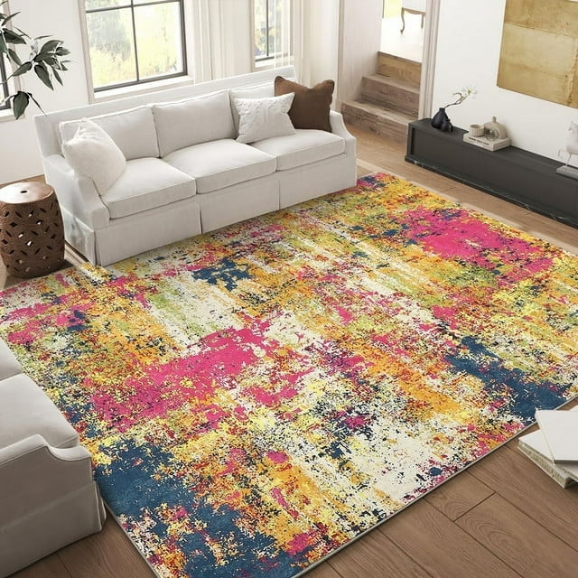 Garvee Soft Touch Modern Abstract Washable Yellow Area Rug, 8' x 10', Fade Resistant