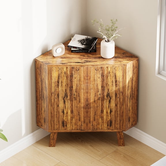 Garvee Space-Saving 3-Tier Corner Storage Cabinet – Industrial Style End Table with Adjustable Shelf, Fluted Doors, Freestanding for Living Room, Bedroom, Kitchen, or Bathroom – Brown