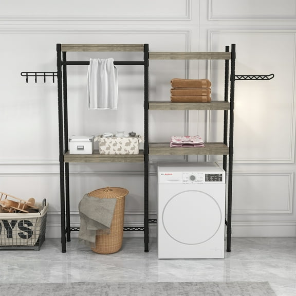 Garvee Space-Saving 5-Tier Over-Washer & Dryer Storage Shelf, Adjustable Height Laundry Room Organizer with Drying Rack & Hooks, Bathroom or Laundry Room Use Gray board + Black bracket Small