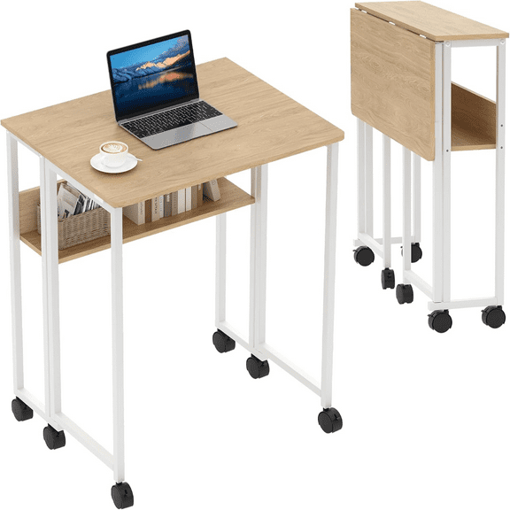Garvee Space-Saving Collapsible Laptop Desk with Storage Shelf – Rolling Computer Table on Wheels, Sturdy Metal Frame, Compact Mobile Workstation for Small Spaces, Home Office, Bedroom – Natural Wood