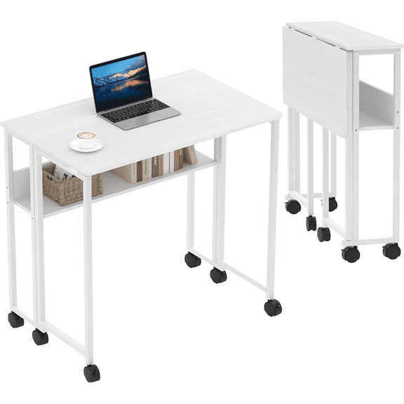 Garvee Space-Saving Collapsible Laptop Desk with Storage Shelf – Rolling Computer Table on Wheels, Sturdy Metal & Particle Board Frame, Compact Workstation for Home Office, Dorm, Bedroom – White