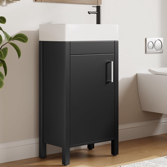 Garvee Space-Saving Modern Bathroom Vanity with basin - 16" Freestanding Wooden Cabinet, Soft-Close Door, Metal Handle, Compact Storage for Small Bathrooms - Black
