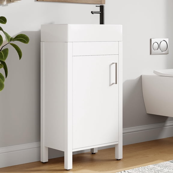 Garvee Space-Saving Modern Bathroom Vanity with basin - 16" Freestanding Wooden Cabinet, Soft-Close Door, Metal Handle, Compact Storage for Small Bathrooms - White