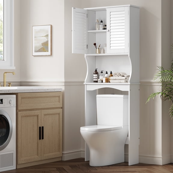 Garvee Space-Saving Over The Toilet Bathroom Cabinet – Adjustable Shelf, Ventilated Doors, Hooks, Anti-Tip, Water-Resistant Organizer for Small Bathrooms & Apartments – White