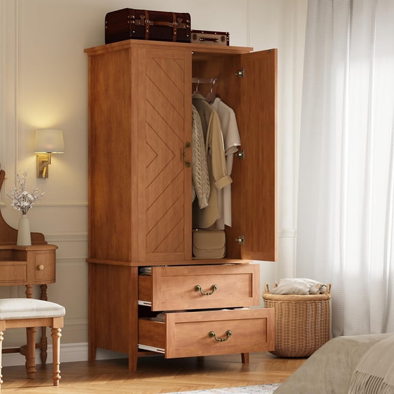 Garvee Spacious Storage Farmhouse Style Armoire Wardrobe Closet – Sturdy Wooden Frame, 2 Doors, 2 Drawers, Hanging Rod, Freestanding Bedroom Furniture, Ideal for Home, Entryway, or Office, Brown
